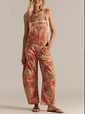 NWT We The Free Printed Barrel Overalls-Tan Combo Bold Wallpaper
